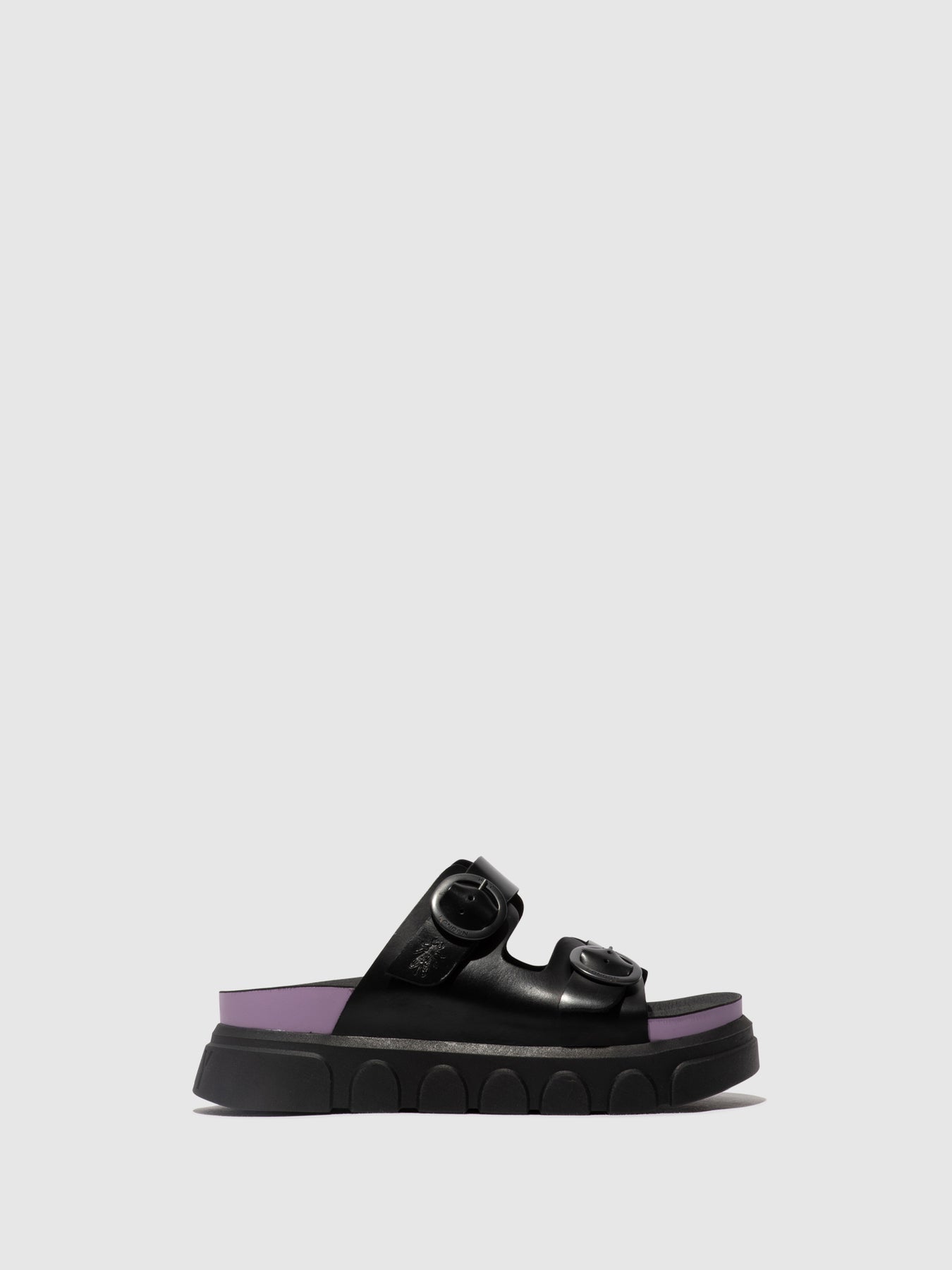 Black (Violet) Fly London Buckle Women's Mules | 604589AFH