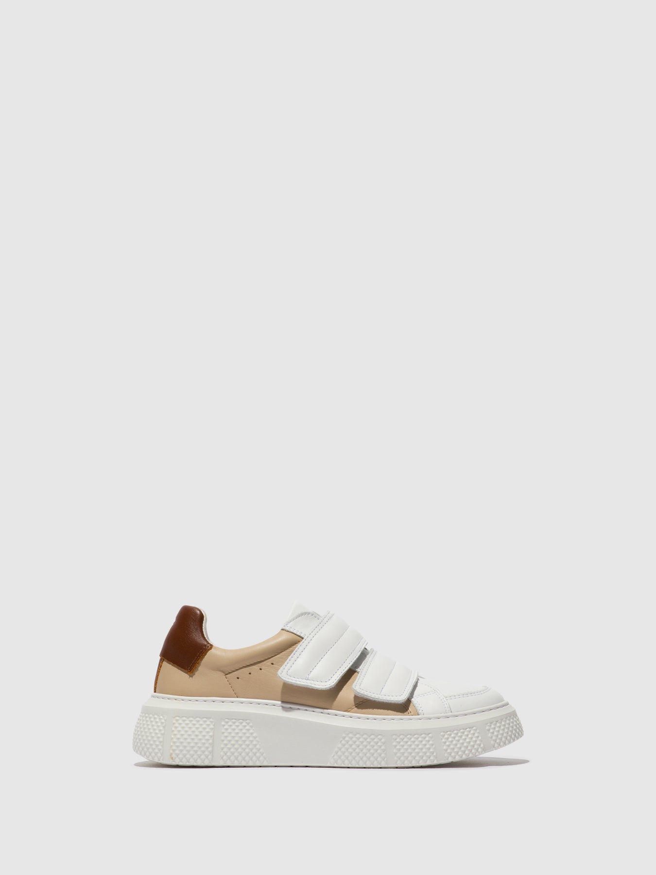 White/Beige/Cognac Fly London Velcro Women's Sneakers | 785043YKG