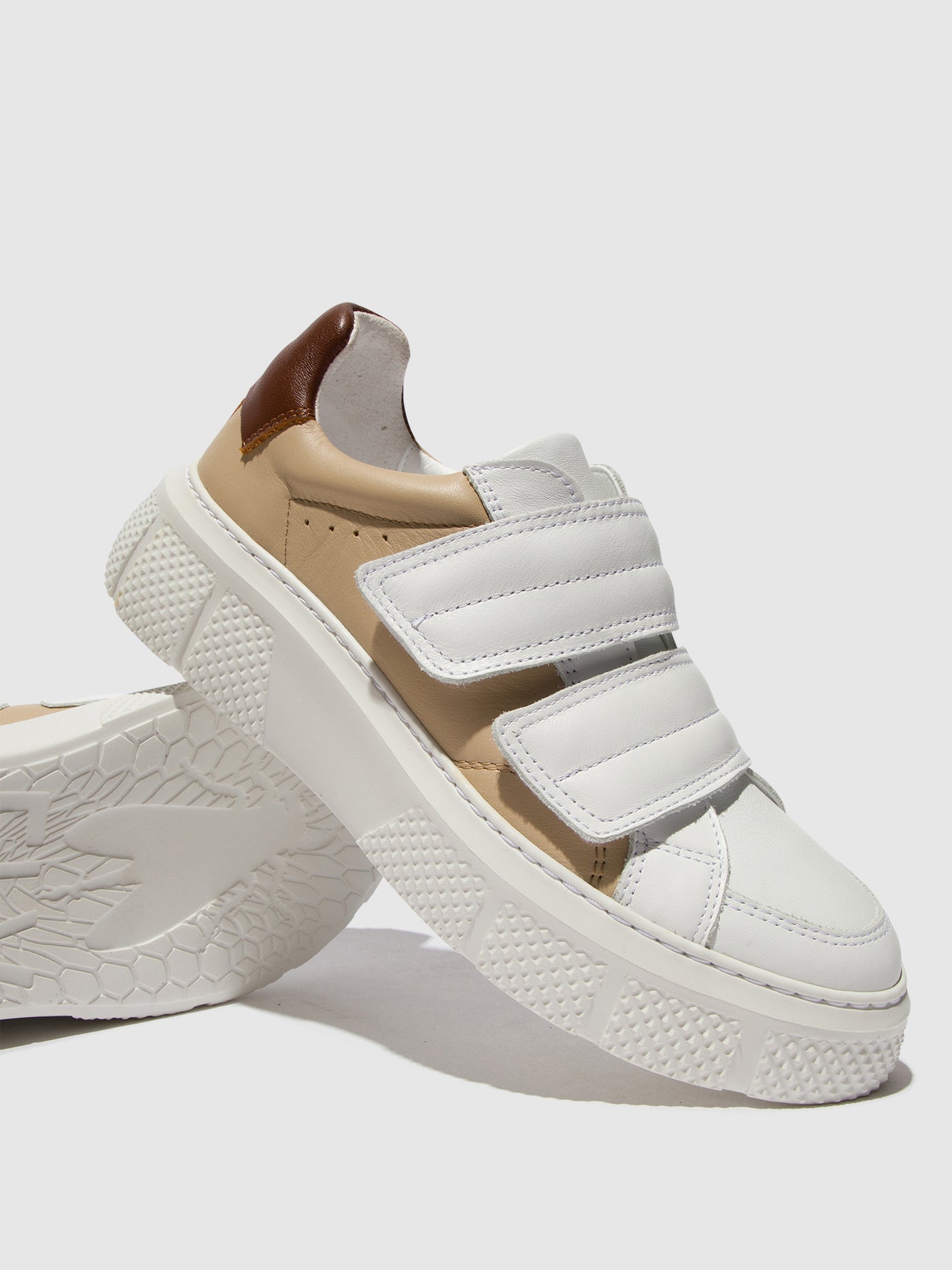 White/Beige/Cognac Fly London Velcro Men's Sneakers | 186905OGP