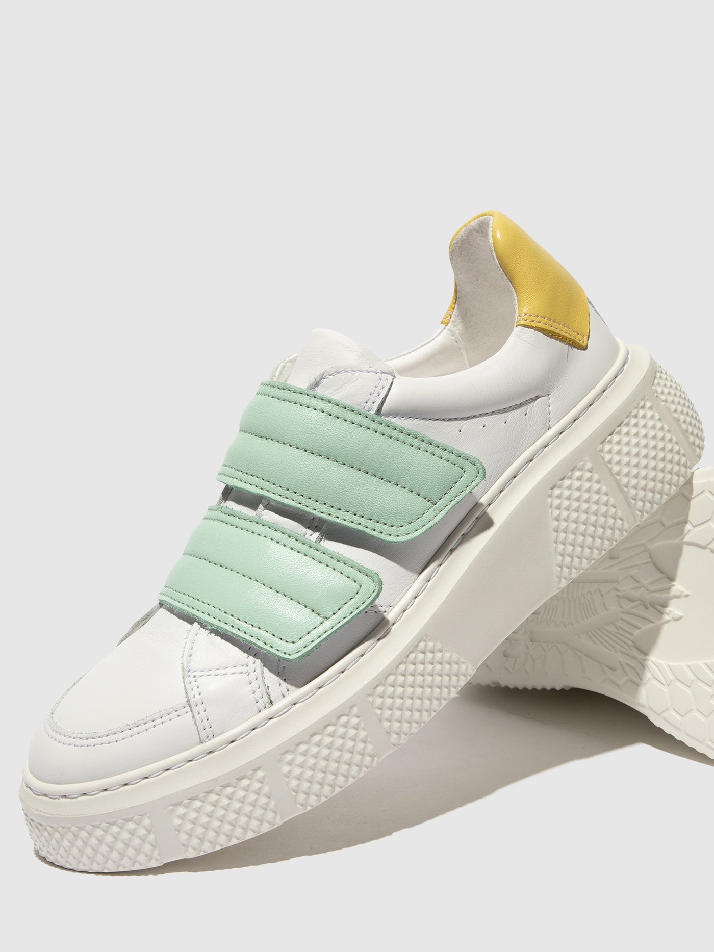 White/Mynt/Yellow Fly London Velcro Women's Sneakers | 928061TON